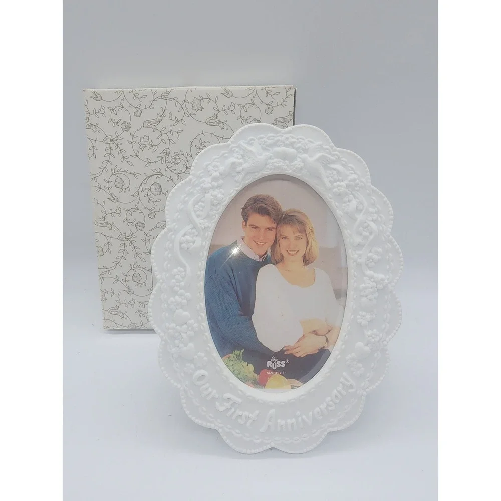 Russ Berrie Our First Anniversary White Ceramic Oval Picture Frame 4x6 Vintage